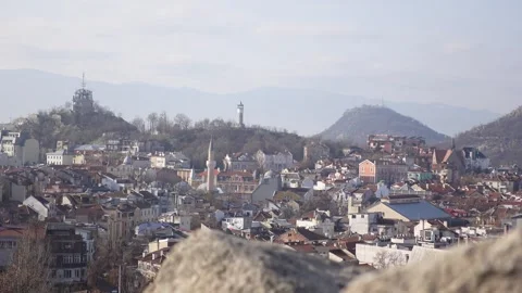 Panoramic view of central Plovdiv, Bulgaria seen from Nebet Tepe Stock Footage 304438322
