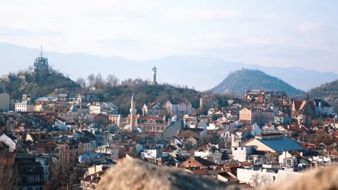 Panoramic view of central Plovdiv, Bulgaria seen from Nebet Tepe Stock Footage 304438499