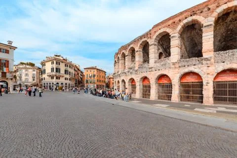 Panoramic view of central square and Arena Verona, Roman amphitheater. Stock Photos