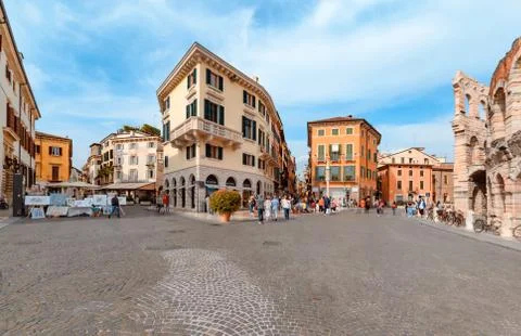 Panoramic view of central square and Arena Verona, Roman amphitheater. Stock Photos
