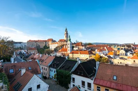 Panoramic view of Cesky Krumlov, featuring the historic castle tower and th.. Stock Photos