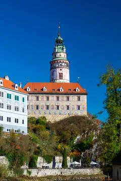 Panoramic view of Cesky Krumlov, featuring the historic castle tower and th.. Stock-Fotos