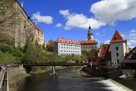Panoramic View of Cesky Krumlov Featuring its Historic Castle, Vltava River Stock Photos
