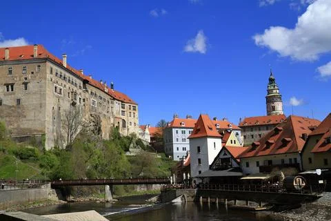 Panoramic View of Cesky Krumlov Featuring its Historic Castle, Vltava River Stock Photos