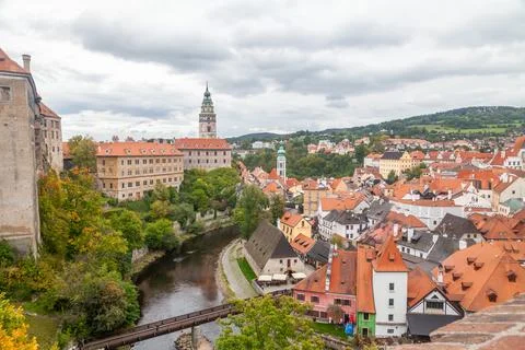 Panoramic view of Cesky Krumlov old town with castle tower and Vltava river Stock Photos