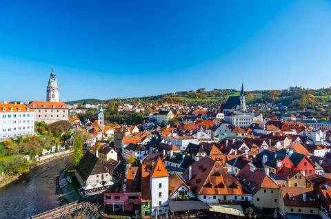 Panoramic view of Cesky Krumlov, showcasing the UNESCO-listed historic cent.. Stock-Fotos