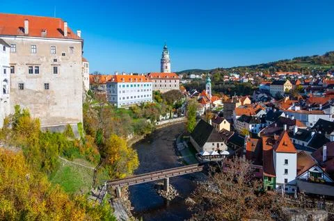 Panoramic view of Cesky Krumlov, showcasing the UNESCO-listed historic cent.. Stock-Fotos