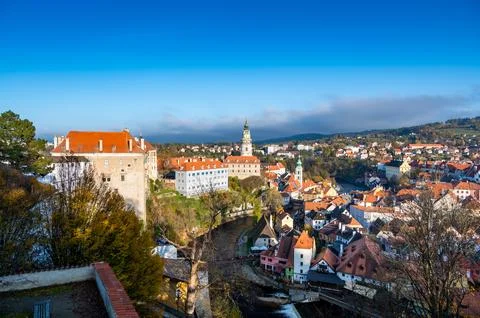 Panoramic view of Cesky Krumlov, showcasing the UNESCO-listed historic cent.. Stock-Fotos