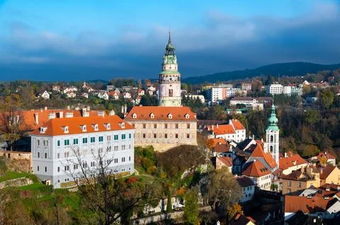 Panoramic view of Cesky Krumlov, showcasing the UNESCO-listed historic cent.. Stock-Fotos