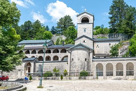 Panoramic view of the Cetinje Monastery complex from the paved square Stock Photos