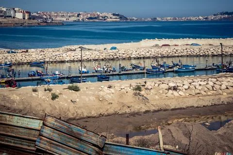 Panoramic view of Ceuta border enclave and Mediterranean coastline from Fni.. Stock Photos