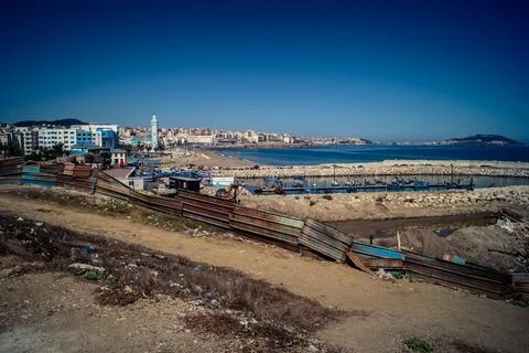 Panoramic view of Ceuta border enclave and Mediterranean coastline from Fni.. Stock Photos