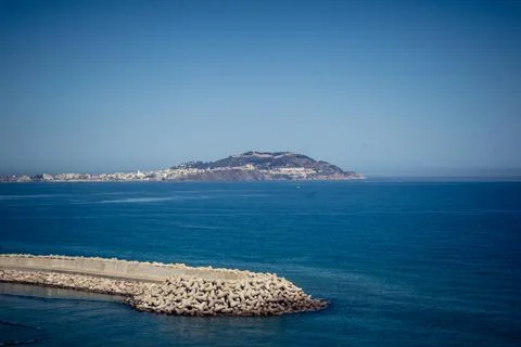 Panoramic view of Ceuta border enclave and Mediterranean coastline from Fni.. Stock Photos