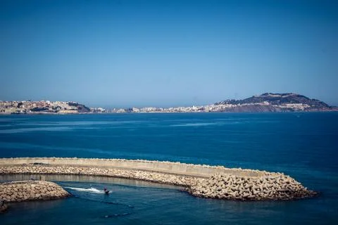 Panoramic view of Ceuta border enclave and Mediterranean coastline from Fni.. Stock Photos