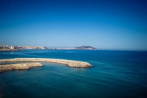 Panoramic view of Ceuta border enclave and Mediterranean coastline from Fni.. Stock Photos