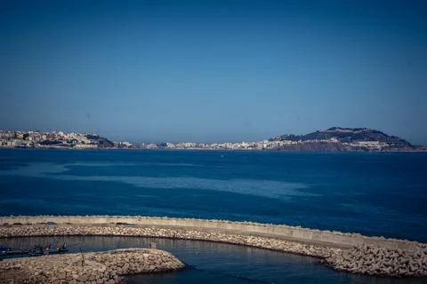 Panoramic view of Ceuta border enclave and Mediterranean coastline from Fni.. Stock Photos