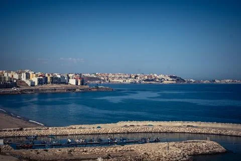Panoramic view of Ceuta border enclave and Mediterranean coastline from Fni.. Stock Photos