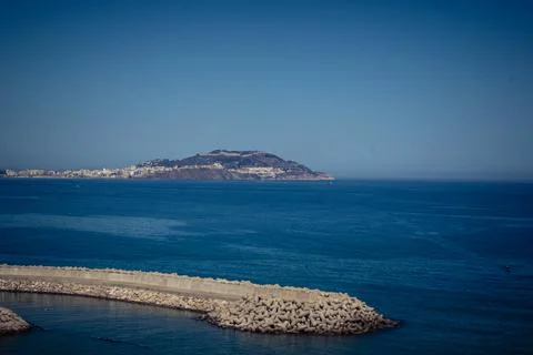 Panoramic view of Ceuta border enclave and Mediterranean coastline from Fni.. Stock Photos