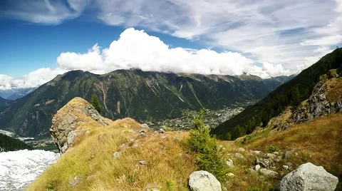 Panoramic view of Chamonix valley and alpine glacier with mountain meadow Stock Footage 52896288