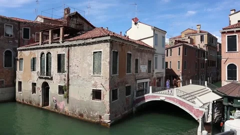 Panoramic View of channel, bridge and tipical buildings, Venice Italy Stock Footage 156872432