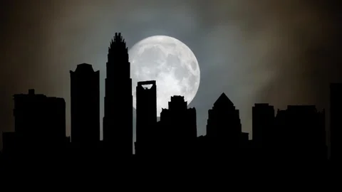Panoramic View of Charlotte, , Time Lapse by Night with Full Moon, USA Stock Footage 242949399