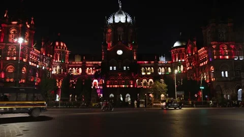 Panoramic view of Chhatrapati Shivaji Terminus (CST), Mumbai at Night Stock Footage 167989370