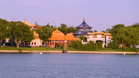 Panoramic view of China Pavillion from Showcase Plaza at Epcot 1 Stock Footage 109170369