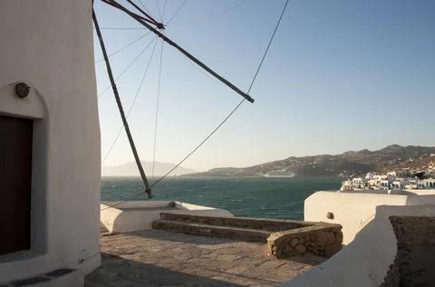 Panoramic view of Chora from the windmill hill in Mykonos, Greece Stock Photos