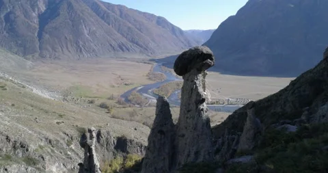 Panoramic view of Chulyshman mountain river valley and mushroom rocks, Altai Stock Footage 143961015
