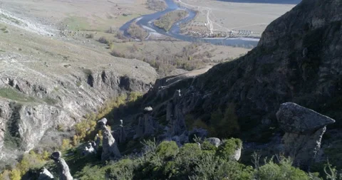 Panoramic view of Chulyshman mountain river valley and mushroom rocks, Altai Stock Footage 143962392