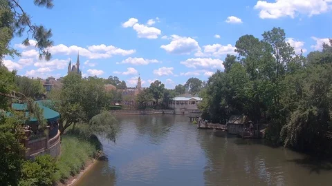 Panoramic view of Cinderella Castle and Liberty Square boardwalk from Stock Footage 109170373