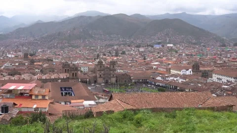 Panoramic view of the city of Cusco, Peru from San Cristobal Viewpoint Stock Footage 330789393