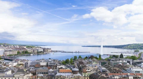 Panoramic view of city of Geneva, the Leman Lake and the Water Stock Footage 37760472