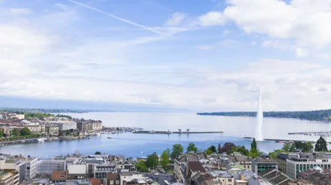 Panoramic view of city of Geneva, the Leman Lake and the Water Stock Footage 37764238
