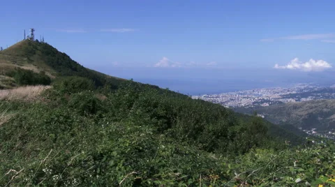 Panoramic view of the city of Genoa, seen from the hills behind it Stock-Footage 53814260