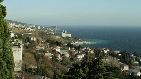 Panoramic view of the city in the mountains located on the coast of Cream Stock Footage 84734664
