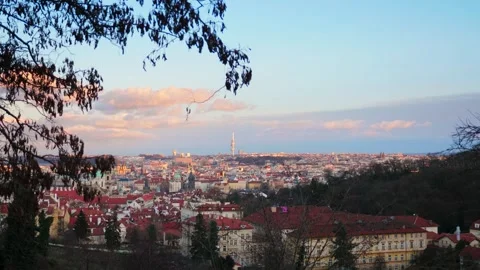Panoramic view of the city of Prague taken from the nearby hills. Autumn, early Stock Footage 264665387