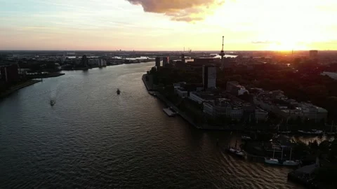 Panoramic view of the city of Rotterdam at sunset Stock Footage 293882945