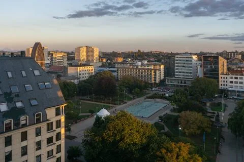 Panoramic view of the city at sunset Stock Photos