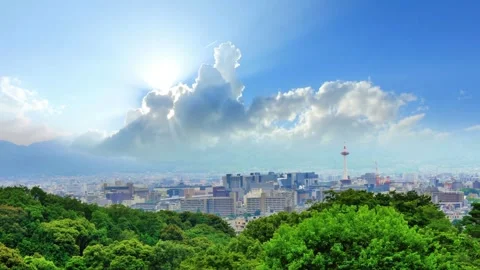 Panoramic View of Cityscape with Sun Rays and Lush Greenery Video stock 310921682