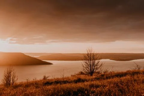 Panoramic view from the cliff to the big river lake sea in the distance Stock Photos