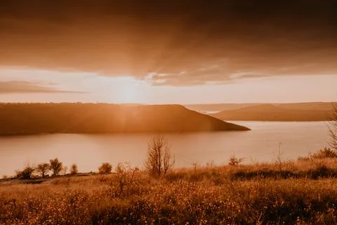 Panoramic view from the cliff to the big river lake sea in the distance Stock Photos
