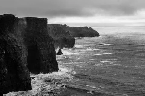 Panoramic view of the Cliff of Moher in a cloudy wintery day, Ireland Stock Photos