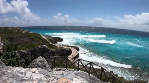 Panoramic view of the cliffs and the Caribbean Sea in Yucatan, Mexico Stock Footage 196818753