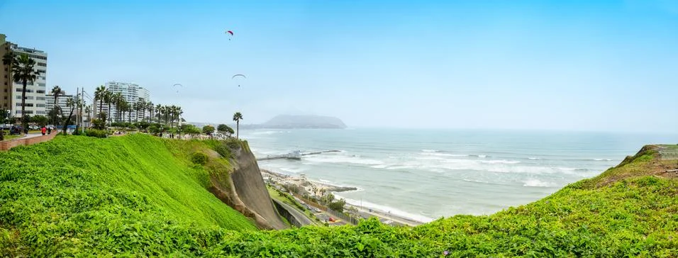 Panoramic view on the coast line in Miraflores distric in Lima, Peru. Stock Photos
