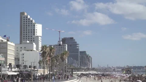 A panoramic view of The coast line in Tel Aviv promenade beach. Editorial Stock Footage 253313963