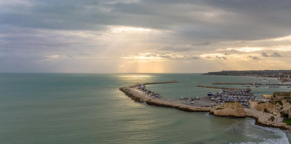 Panoramic view of coastline with downtown in Sciacca Stock Photos