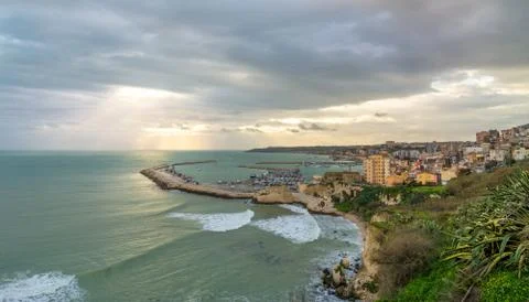 Panoramic view of coastline with downtown in Sciacca Stock Photos