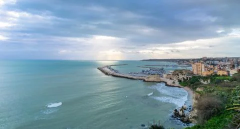 Panoramic view of coastline with downtown in Sciacca Stock Photos