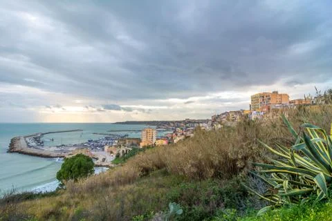 Panoramic view of coastline with downtown in Sciacca Stock Photos